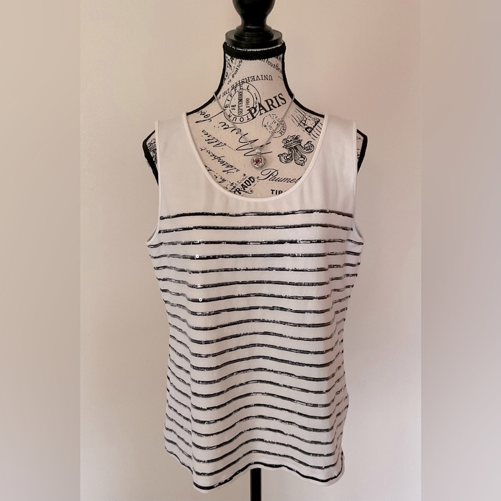 RUBY RD White and Black Sequin Top Size L